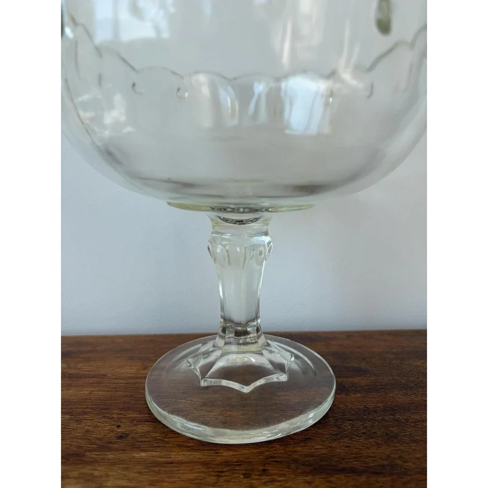 Vintage Clear Glass Pedestal Bowl Scalloped Edge Thumbprint Footed Compote Dish
